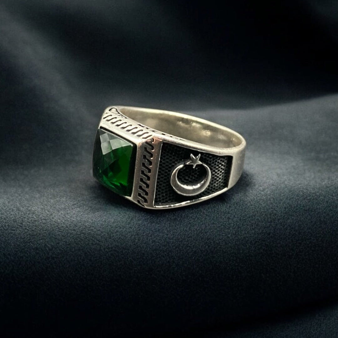 Chevalière Argent Onyx Vert Lune Étoile – Élégance et Symbolisme silverixshops