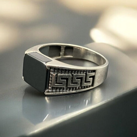 Chevalière Argent Onyx Grecque-Élégance et Brillance silverixshops