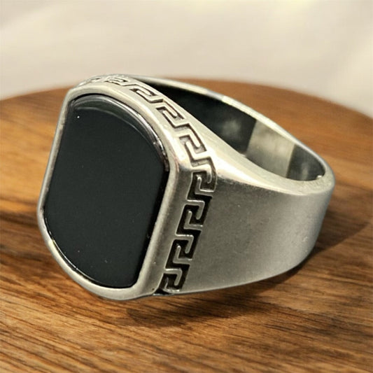 Chevalière Argent Onyx Design Grecque - Élégance & Brillance silverixshops