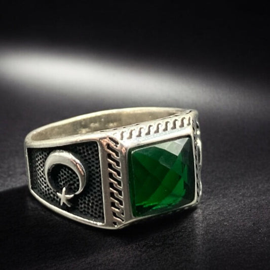 Chevalière Argent Onyx Vert Lune Étoile – Élégance et Symbolisme silverixshops