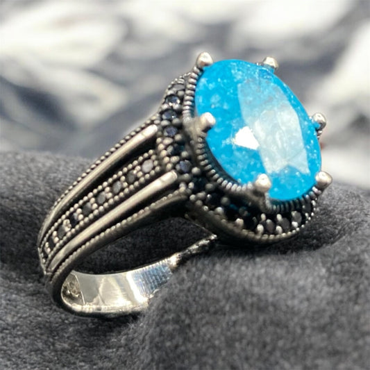 Chevalière Argent Onyx Bleu Ciel Zircon – Élégance et Raffinement silverixshops