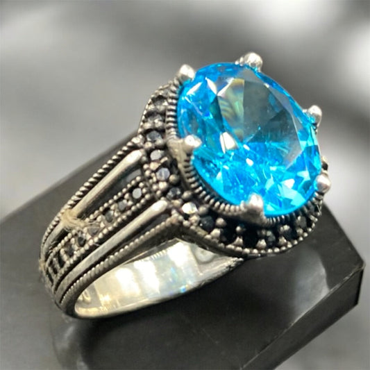 Chevalière Argent Onyx Bleu Océan Zircons – Élégance et Raffinement silverixshops
