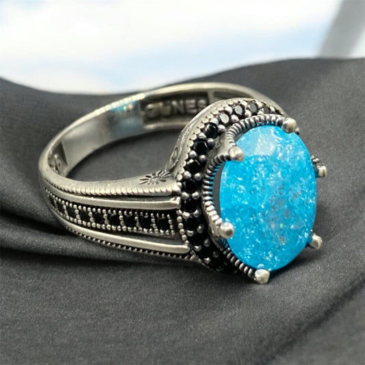 Chevalière Argent Onyx Bleu Ciel Zircon – Élégance et Raffinement silverixshops