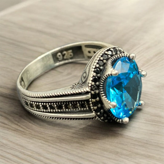 Chevalière Argent Onyx Bleu Océan Zircons – Élégance et Raffinement silverixshops