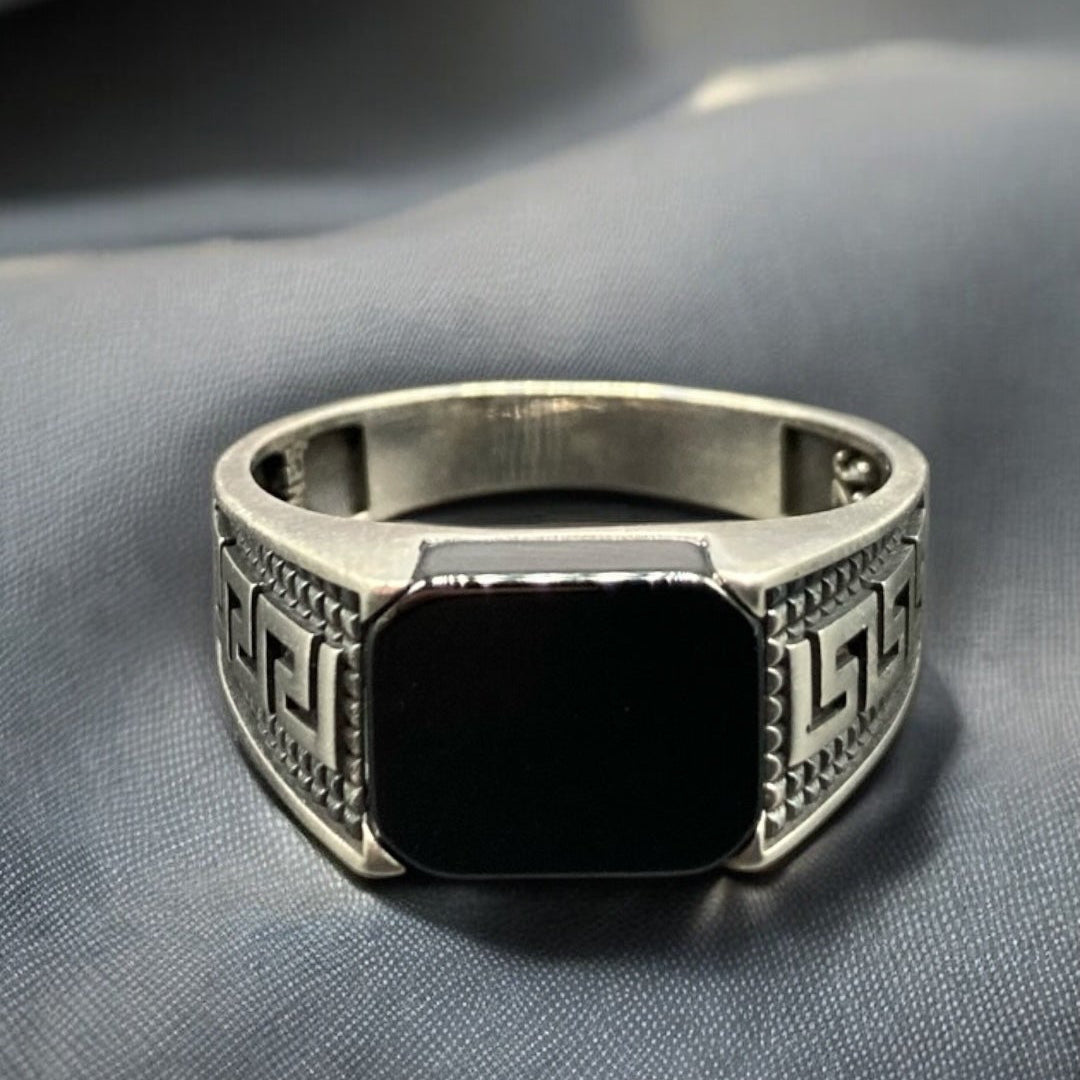 Chevalière Argent Onyx Grecque-Élégance et Brillance silverixshops