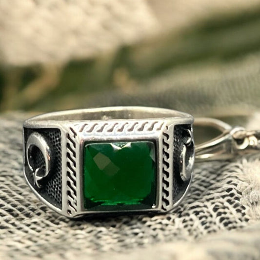Chevalière Argent Onyx Vert Lune Étoile – Élégance et Symbolisme silverixshops