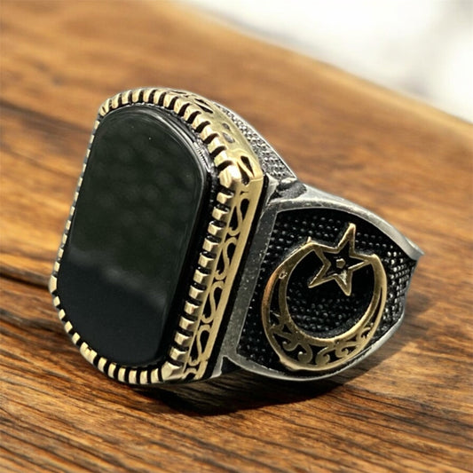 Chevalière Argent Onyx Lune Étoile : Élégance Mystique et Symbolique silverixshops