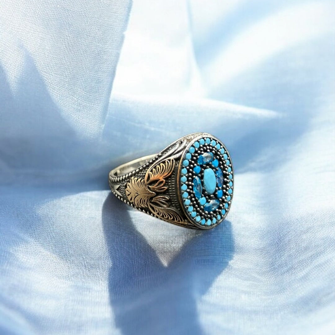 Bague Argent Artisanale Onyx Zircon Turquoise - Élégance & Brillance silverixshops