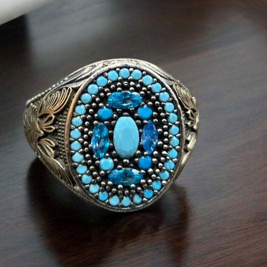 Bague Argent Artisanale Onyx Zircon Turquoise - Élégance & Brillance silverixshops