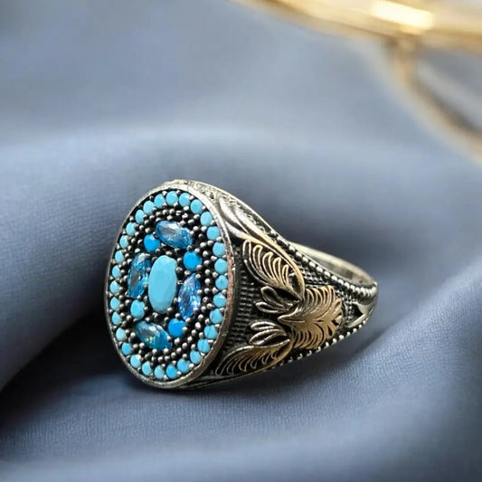 Chevalière Argent Onyx Zircon Turquoise - Élégance & Brillance silverixshops