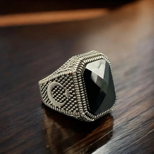 Chevalière en Argent Massif avec Onyx – Design Lune & Étoile silverixshops